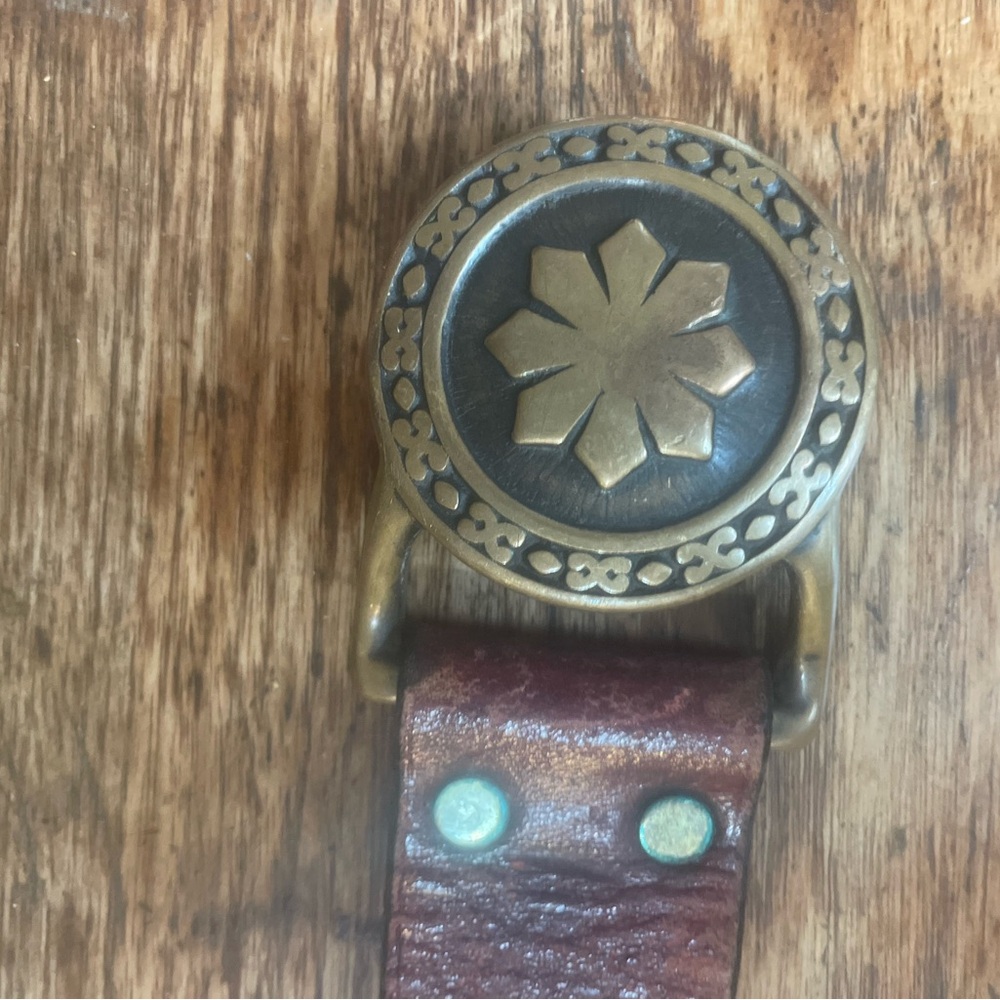 Vintage Style Brown Leather Belt with Brass Buckle- 37” long 35” to first hole.